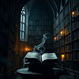 A spooky scene depicting a dark, eerie library filled with towering shelves of ancient, dusty books