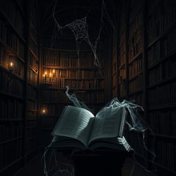 A spooky scene depicting a dark, eerie library filled with towering shelves of ancient, dusty books