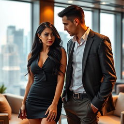 A beautiful young woman with long black hair, dressed in a chic secretary outfit, stands in an upscale office alongside her tall and handsome young CEO boss