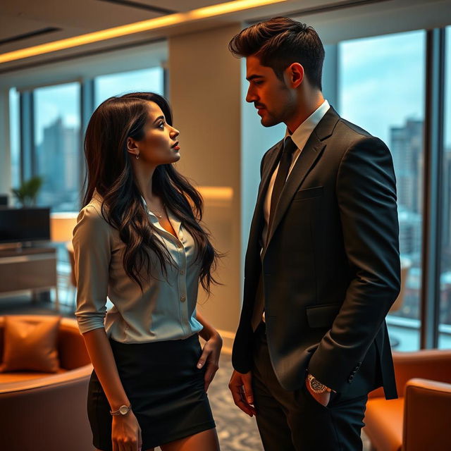 A beautiful young woman with long black hair, dressed in a chic secretary outfit, stands in an upscale office alongside her tall and handsome young CEO boss