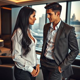 A beautiful young woman with long black hair, dressed in a chic secretary outfit, stands in an upscale office alongside her tall and handsome young CEO boss