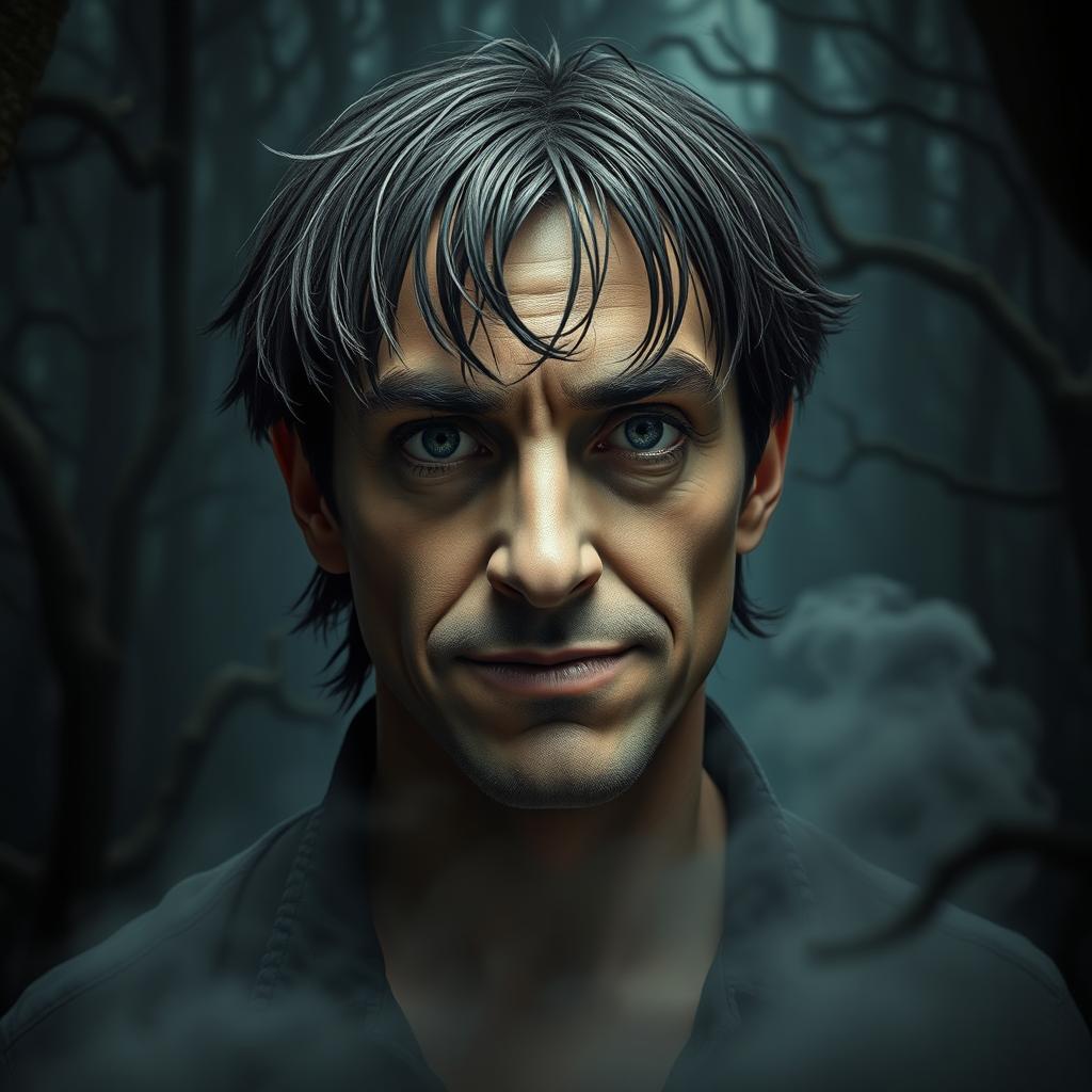 A 25-year-old man with an eerily frightening demeanor, featuring sharp facial features and piercing eyes that evoke a sense of dread