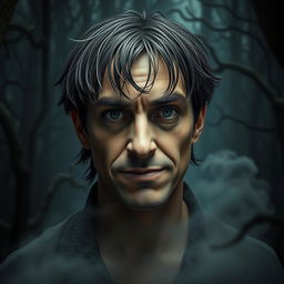 A 25-year-old man with an eerily frightening demeanor, featuring sharp facial features and piercing eyes that evoke a sense of dread