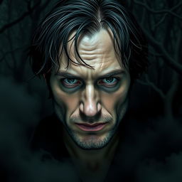 A 25-year-old man with an eerily frightening demeanor, featuring sharp facial features and piercing eyes that evoke a sense of dread
