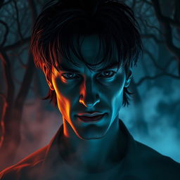 A 25-year-old man with an eerily frightening demeanor, featuring sharp facial features and piercing eyes that evoke a sense of dread