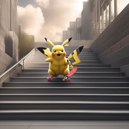 Pikachu performing a tre flip with a skateboard down an imposing stair set