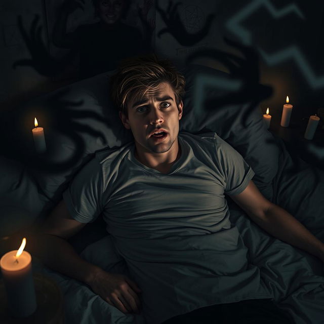 A 25-year-old man lying on his bed, his expression a mix of fear and agitation, with dark shadows swirling around him, symbolizing possession