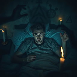 A 25-year-old man lying on his bed, his expression a mix of fear and agitation, with dark shadows swirling around him, symbolizing possession