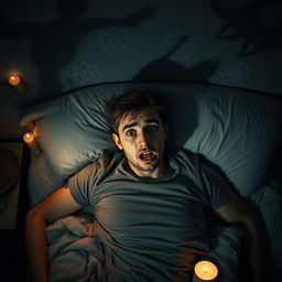 A 25-year-old man lying on his bed, his expression a mix of fear and agitation, with dark shadows swirling around him, symbolizing possession