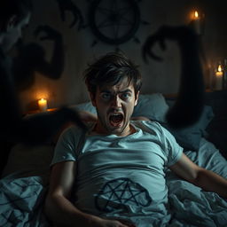 A 25-year-old man lying on his bed, his expression a mix of fear and agitation, with dark shadows swirling around him, symbolizing possession