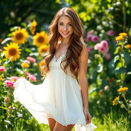 A stunning woman named Isabella standing in a lush garden filled with vibrant flowers