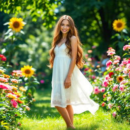 A stunning woman named Isabella standing in a lush garden filled with vibrant flowers