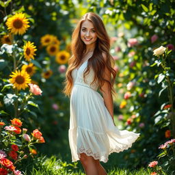 A stunning woman named Isabella standing in a lush garden filled with vibrant flowers
