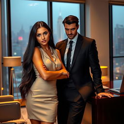 A beautiful young woman with long flowing black hair, dressed in an elegant secretary outfit, stands confidently in a luxurious modern office with her tall and handsome young CEO boss