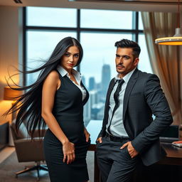 A beautiful young woman with long flowing black hair, dressed in an elegant secretary outfit, stands confidently in a luxurious modern office with her tall and handsome young CEO boss