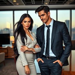 A beautiful young woman with long flowing black hair, dressed in an elegant secretary outfit, stands confidently in a luxurious modern office with her tall and handsome young CEO boss