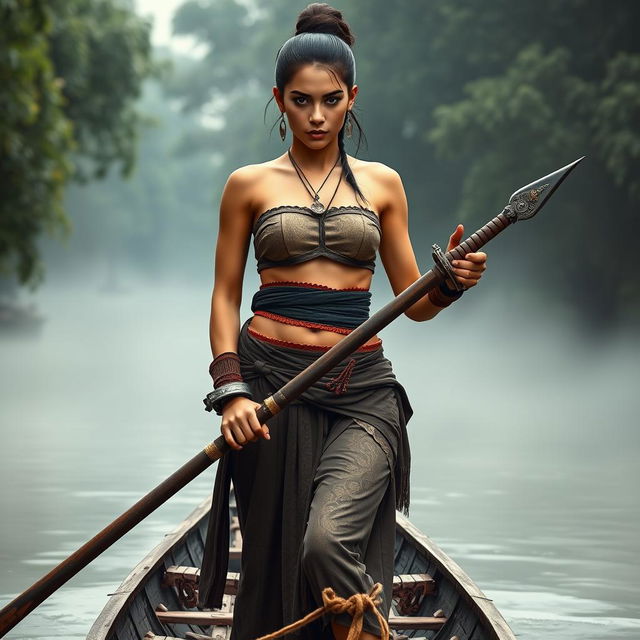 A fierce female bandit from the Ayutthaya period, dressed in traditional ancient Thai attire consisting of a chest wrap and a sarong