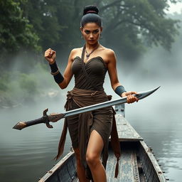A fierce female bandit from the Ayutthaya period, dressed in traditional ancient Thai attire consisting of a chest wrap and a sarong