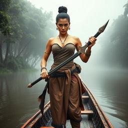 A fierce female bandit from the Ayutthaya period, dressed in traditional ancient Thai attire consisting of a chest wrap and a sarong