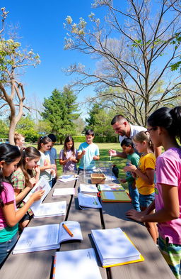 An engaging outdoor learning environment for students, showcasing a variety of activities such as science experiments, nature exploration, and group discussions