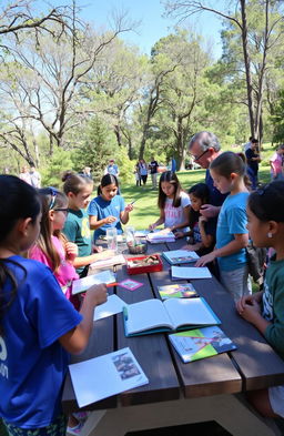 An engaging outdoor learning environment for students, showcasing a variety of activities such as science experiments, nature exploration, and group discussions