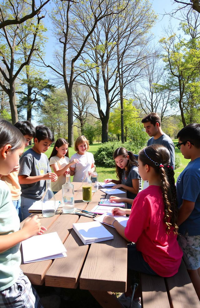An engaging outdoor learning environment for students, showcasing a variety of activities such as science experiments, nature exploration, and group discussions
