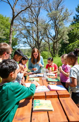 An engaging outdoor learning environment for students, showcasing a variety of activities such as science experiments, nature exploration, and group discussions