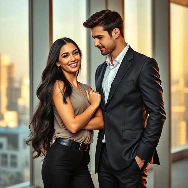 A beautiful young woman with long, flowing black hair wearing a stylish and professional outfit stands confidently in an office setting