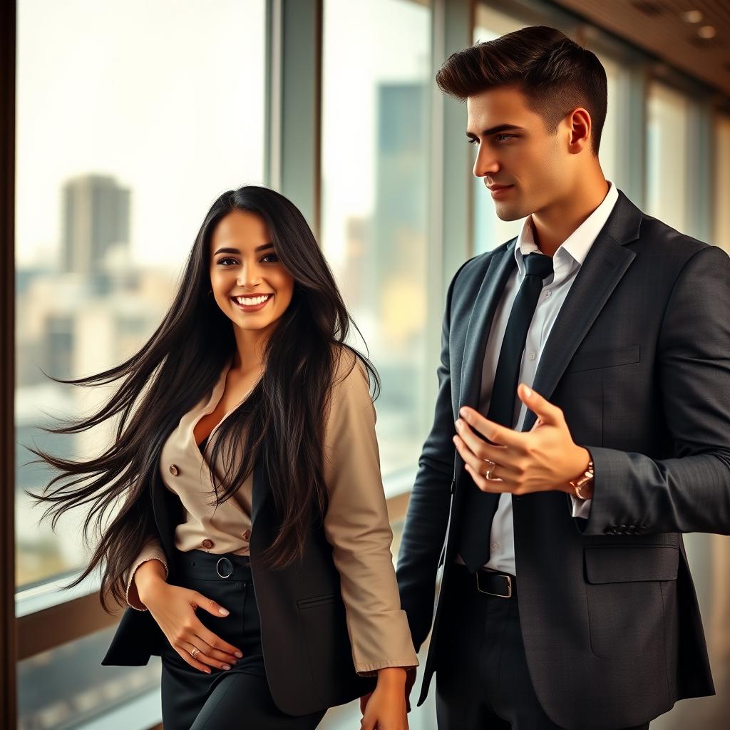 A beautiful young woman with long, flowing black hair wearing a stylish and professional outfit stands confidently in an office setting
