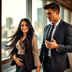 A beautiful young woman with long, flowing black hair wearing a stylish and professional outfit stands confidently in an office setting