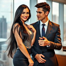 A beautiful young woman with long, flowing black hair wearing a stylish and professional outfit stands confidently in an office setting