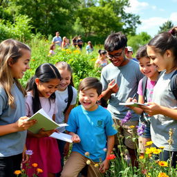 A joyful outdoor learning experience for middle school students (SMP), depicting them engaged in various activities in a natural setting