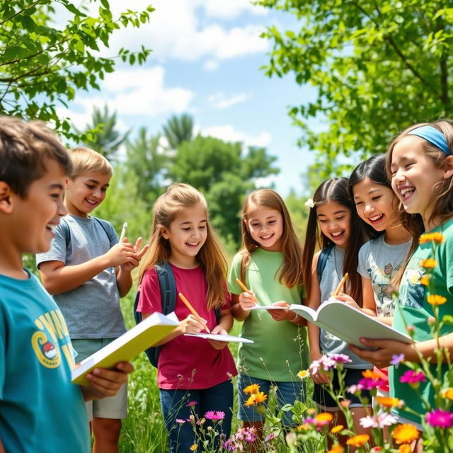 A joyful outdoor learning experience for middle school students (SMP), depicting them engaged in various activities in a natural setting