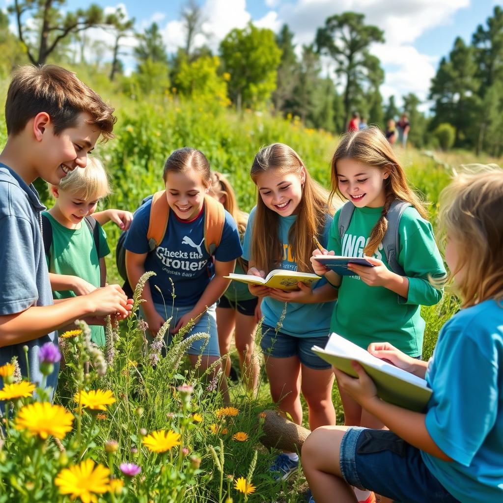 A joyful outdoor learning experience for middle school students (SMP), depicting them engaged in various activities in a natural setting
