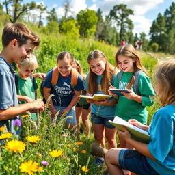 A joyful outdoor learning experience for middle school students (SMP), depicting them engaged in various activities in a natural setting