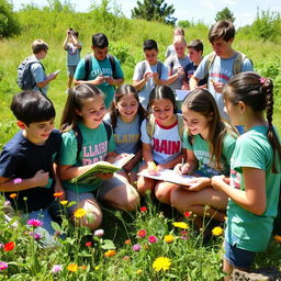 A joyful outdoor learning experience for middle school students (SMP), depicting them engaged in various activities in a natural setting
