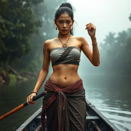 A female bandit from the Ayutthaya era, dressed in traditional ancient clothing, featuring a traditional breast cloth and a sarong that reveals her navel and voluptuous chest
