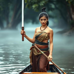 A female bandit from the Ayutthaya era, dressed in traditional ancient clothing, featuring a traditional breast cloth and a sarong that reveals her navel and voluptuous chest