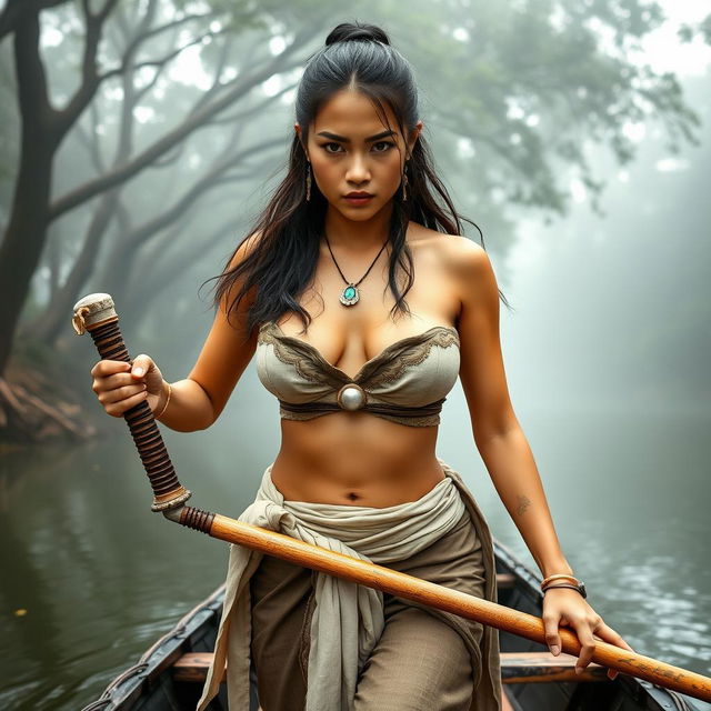 A female bandit from the Ayutthaya era, dressed in traditional ancient clothing, featuring a traditional breast cloth and a sarong that reveals her navel and voluptuous chest