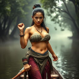 A female bandit from the Ayutthaya era, dressed in traditional ancient clothing, featuring a traditional breast cloth and a sarong that reveals her navel and voluptuous chest