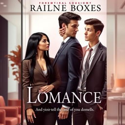 A stunning book cover featuring a beautiful young woman with long, sleek black hair, dressed in an elegant and stylish blazer, standing confidently in an office setting