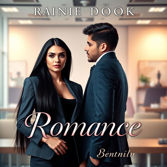 A stunning book cover featuring a beautiful young woman with long, sleek black hair, dressed in an elegant and stylish blazer, standing confidently in an office setting