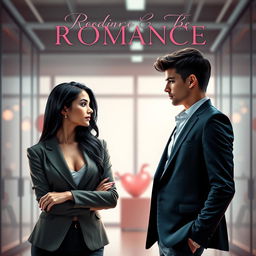 A stunning book cover featuring a beautiful young woman with long, sleek black hair, dressed in an elegant and stylish blazer, standing confidently in an office setting