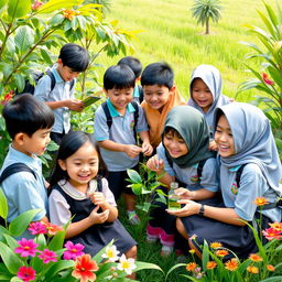 A joyful outdoor learning scene set in Indonesia, illustrating students engaged in various educational activities in a lush green environment