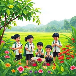 A joyful outdoor learning scene set in Indonesia, illustrating students engaged in various educational activities in a lush green environment