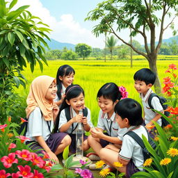 A joyful outdoor learning scene set in Indonesia, illustrating students engaged in various educational activities in a lush green environment