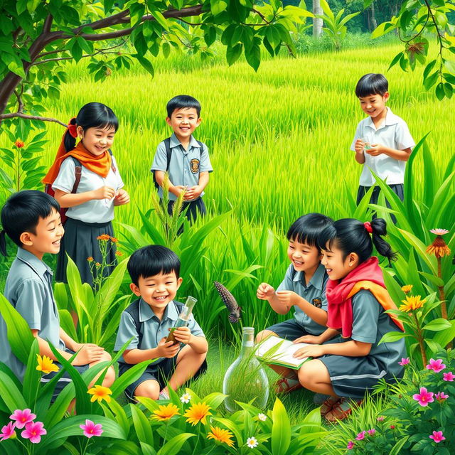 A joyful outdoor learning scene set in Indonesia, illustrating students engaged in various educational activities in a lush green environment