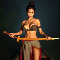 A seductive female bandit from the Ayutthaya period, dressed in traditional attire featuring a breast wrap and a sarong, revealing her navel and voluptuous chest