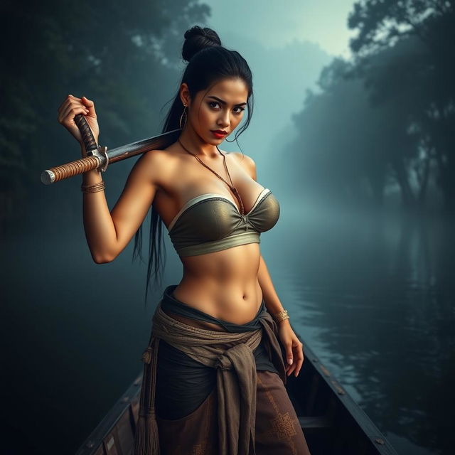 A seductive female bandit from the Ayutthaya period, dressed in traditional attire featuring a breast wrap and a sarong, revealing her navel and voluptuous chest