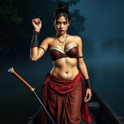 A seductive female bandit from the Ayutthaya period, dressed in traditional attire featuring a breast wrap and a sarong, revealing her navel and voluptuous chest